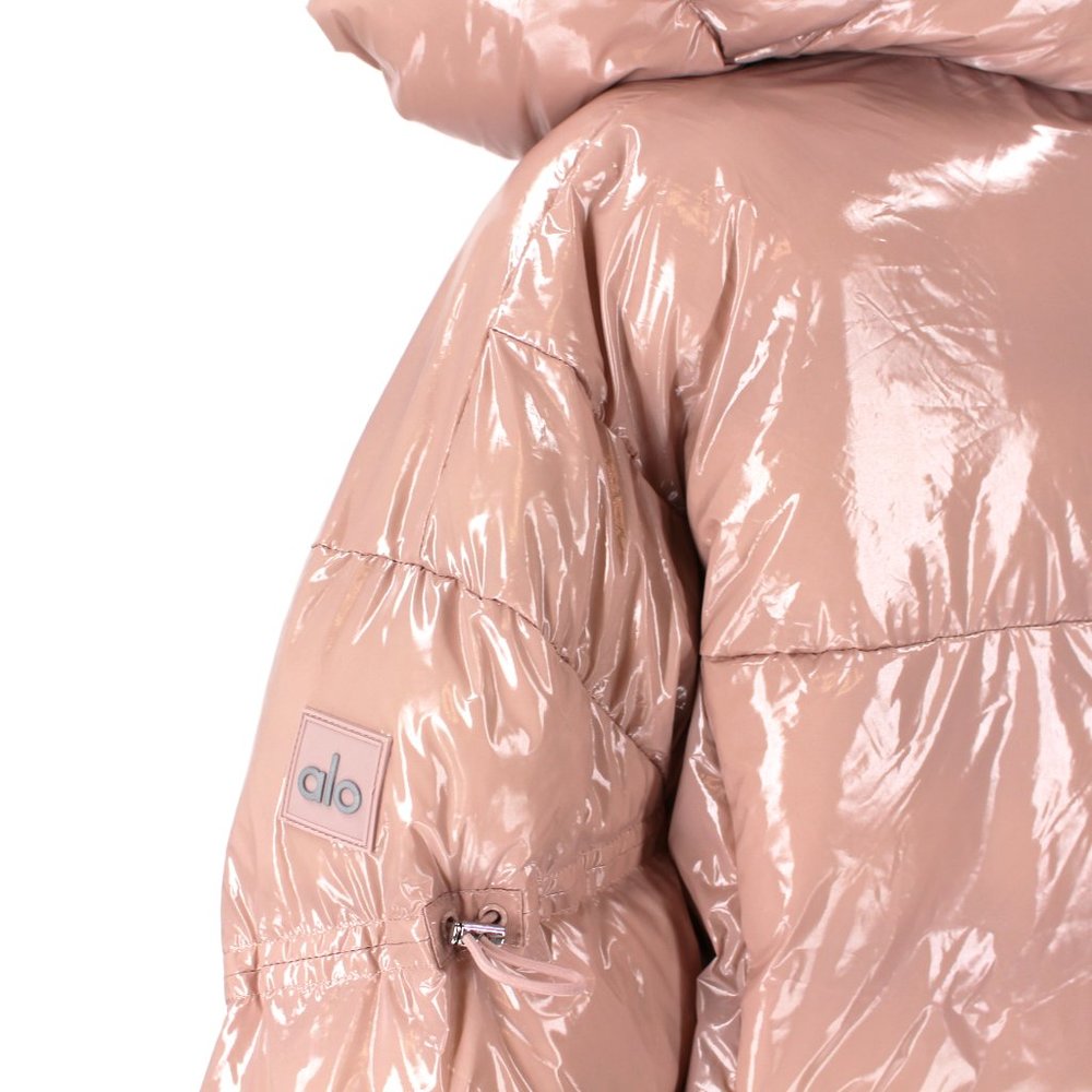 ALO Yoga Stunner Puffer Jacket High Gloss Dusty Pink Coat Hooded L NEW - Picture 8 of 10